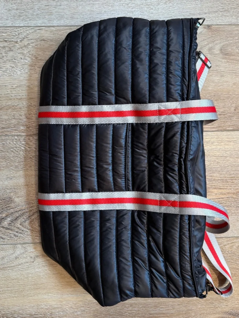 Think Royln Wingman Quilted Puffer Tote Black Red Silver Stripe